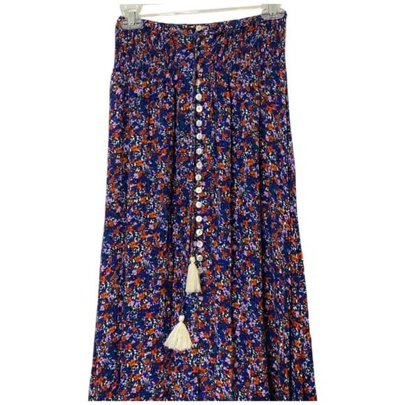 Rachel Zoe Boho Maxi Skirt S Blue Floral Smocked Waist Button Up Cottagecore - Picture 2 of 6